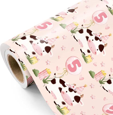 ورق تغليف عيد الميلاد الأول للفتيات من WRAPAHOLIC - لفة صغيرة - 17 بوصة × 16.5 قدم - بالون عيد الميلاد الأول وورق تغليف بقرة لطيف مثالي للأطفال البنات، استحمام الطفل in Saudi Arabia
