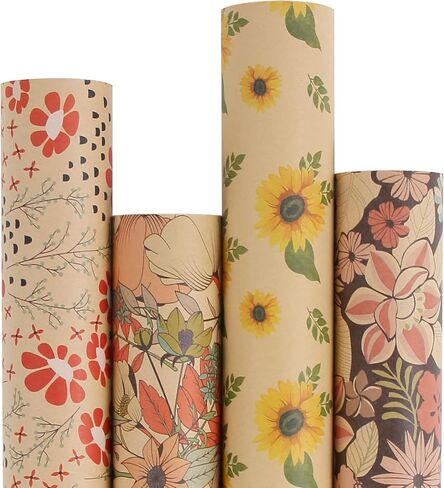 Aimyoo Kraft Floral Wrapping Paper Bundle, Vintage Spring Flowers Rose Gift Wrap Paper for Wedding Bridal Shower Birthday, 3 Rolls 17 in x 10 ft per Roll in Saudi Arabia