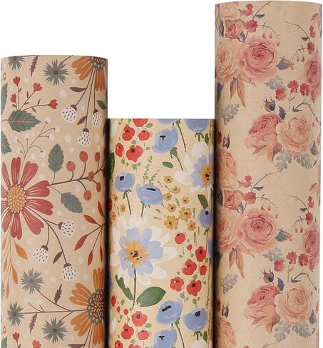 Aimyoo Kraft Floral Wrapping Paper Bundle, Vintage Spring Flowers Rose Gift Wrap Paper for Wedding Bridal Shower Birthday, 3 Rolls 17 in x 10 ft per Roll in Saudi Arabia
