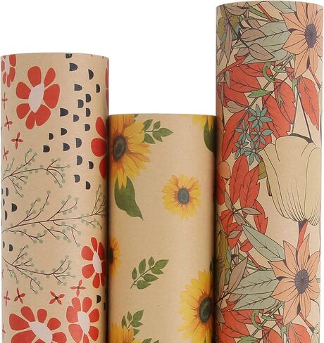Aimyoo Kraft Floral Wrapping Paper Bundle, Vintage Spring Flowers Rose Gift Wrap Paper for Wedding Bridal Shower Birthday, 3 Rolls 17 in x 10 ft per Roll in Saudi Arabia