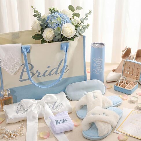 Patelai 7pcs Something Blue Bridal Shower Box Gift Bride to Be Wedding Gift Sets for Women with Bridal Robes Bride Bag Slippers Socks Tumbler Eye Mask Jewelry Box for Bachelorette Wedding in Saudi Arabia