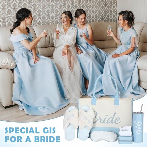 Patelai 7pcs Something Blue Bridal Shower Box Gift Bride to Be Wedding Gift Sets for Women with Bridal Robes Bride Bag Slippers Socks Tumbler Eye Mask Jewelry Box for Bachelorette Wedding in Saudi Arabia