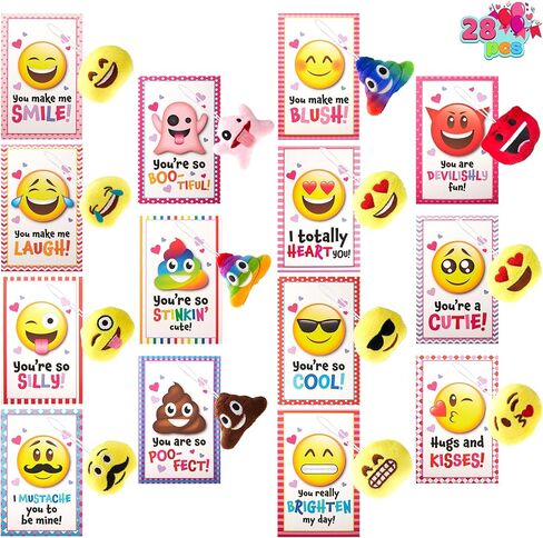 JOYIN 28 Pack Valentines Day Gifts Cards with Expression Face Plush Key-chain, Greeting Cards with Plush for Valentine Classroom Exchange, Kids Party Favor, Game Prizes and School Rewards in Saudi Arabia
