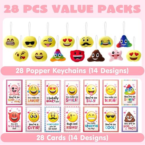 JOYIN 28 Pack Valentines Day Gifts Cards with Expression Face Plush Key-chain, Greeting Cards with Plush for Valentine Classroom Exchange, Kids Party Favor, Game Prizes and School Rewards in Saudi Arabia