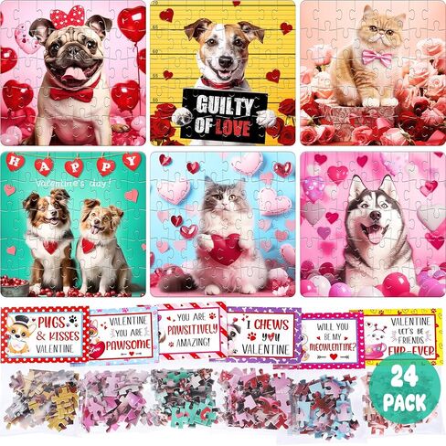 24PCS Valentines Day Cards for Kids School Classroom with Cat & Dog Jigsaw Puzzles Toys Birthday Gifts Party Favors for Toddlers Boys Girls Goodie Bag Stuffers Treat Bulk Valentine Day Exchange Gifts in Saudi Arabia