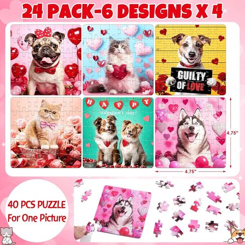 24PCS Valentines Day Cards for Kids School Classroom with Cat & Dog Jigsaw Puzzles Toys Birthday Gifts Party Favors for Toddlers Boys Girls Goodie Bag Stuffers Treat Bulk Valentine Day Exchange Gifts in Saudi Arabia