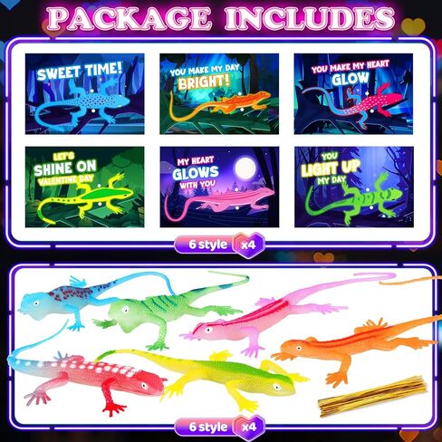 Valentines Day Gifts for Kids - 24 Pack Valentines Day Cards with Glow in The Dark Lizards for Kids Valentine Party Favors, Classroom School Gifts Exchange, Class School Prizes for Toddlers Boys Girls in Saudi Arabia