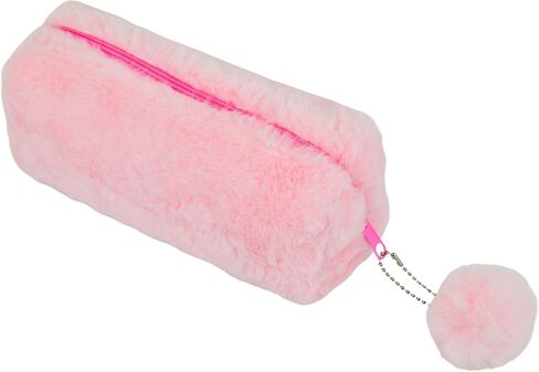 Plush Pencil Case, Pink Faux Fur with Pom Pom Charm, Medium Size Zipper Pouch for School Supplies, 8 Inch Storage Organizer in Saudi Arabia