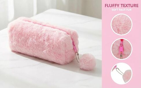 Plush Pencil Case, Pink Faux Fur with Pom Pom Charm, Medium Size Zipper Pouch for School Supplies, 8 Inch Storage Organizer in Saudi Arabia