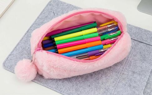 Plush Pencil Case, Pink Faux Fur with Pom Pom Charm, Medium Size Zipper Pouch for School Supplies, 8 Inch Storage Organizer in Saudi Arabia
