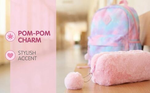 Plush Pencil Case, Pink Faux Fur with Pom Pom Charm, Medium Size Zipper Pouch for School Supplies, 8 Inch Storage Organizer in Saudi Arabia