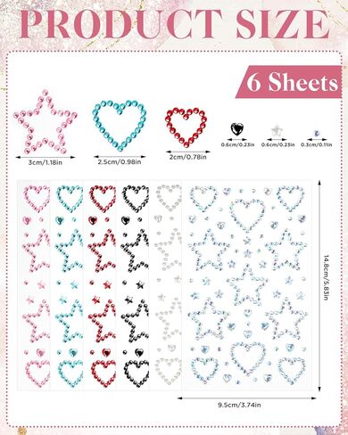 EORTA 6 Sheets Glitter Rhinestone Stickers, Self-Adhesive Star Heart Pentagrams Crystal Gem Sticker, Artificial Diamond Gem, Bling Charm for Face Eye Makeup Scrapbook Carnival, DIY Gift Decoration in Saudi Arabia