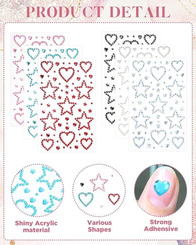 EORTA 6 Sheets Glitter Rhinestone Stickers, Self-Adhesive Star Heart Pentagrams Crystal Gem Sticker, Artificial Diamond Gem, Bling Charm for Face Eye Makeup Scrapbook Carnival, DIY Gift Decoration in Saudi Arabia