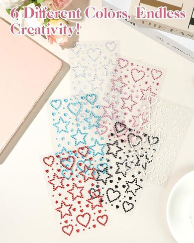 EORTA 6 Sheets Glitter Rhinestone Stickers, Self-Adhesive Star Heart Pentagrams Crystal Gem Sticker, Artificial Diamond Gem, Bling Charm for Face Eye Makeup Scrapbook Carnival, DIY Gift Decoration in Saudi Arabia
