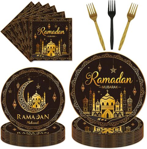 96Pcs Ramadan Party Tableware Set Eid Ramadan Mubarak Paper Plates Napkins Forks Ramadan Decorations for Home Party Supplies Serve 24 Guests in Saudi Arabia