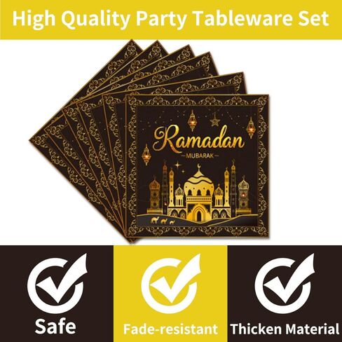 طقم أدوات مائدة لحفلات رمضان مكون من 96 قطعة، أطباق ورقية لعيد رمضان مبارك ومناديل وشوك وديكورات رمضان لمستلزمات الحفلات المنزلية تخدم 24 ضيفًا in Kuwait