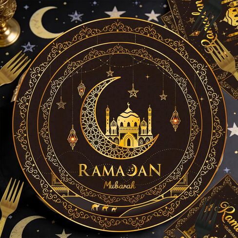 طقم أدوات مائدة لحفلات رمضان مكون من 96 قطعة، أطباق ورقية لعيد رمضان مبارك ومناديل وشوك وديكورات رمضان لمستلزمات الحفلات المنزلية تخدم 24 ضيفًا in Kuwait