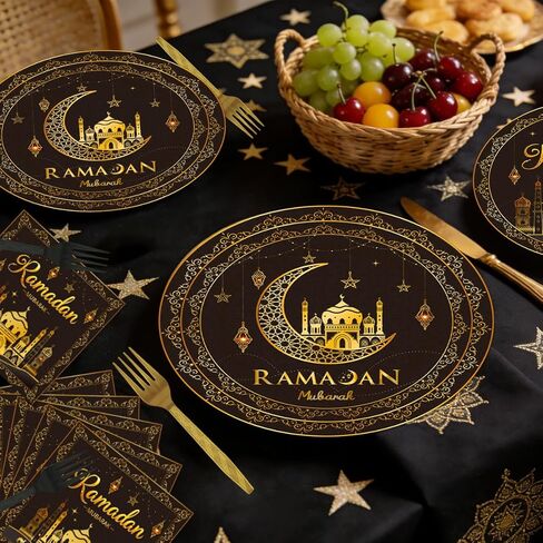 طقم أدوات مائدة لحفلات رمضان مكون من 96 قطعة، أطباق ورقية لعيد رمضان مبارك ومناديل وشوك وديكورات رمضان لمستلزمات الحفلات المنزلية تخدم 24 ضيفًا in Kuwait