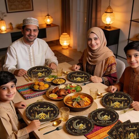 طقم أدوات مائدة لحفلات رمضان مكون من 96 قطعة، أطباق ورقية لعيد رمضان مبارك ومناديل وشوك وديكورات رمضان لمستلزمات الحفلات المنزلية تخدم 24 ضيفًا in Kuwait