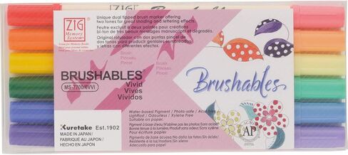 Kuretake Zig BRUSHABLES 6 VIVID Colors set, TWO-TONED pen, Twin brush tips, Waterproof when dry, No mess, Photo-Safe, Acid Free, Lightfast, Odourless, Xylene Freeing, Archival Quality, Made in Japan in Saudi Arabia