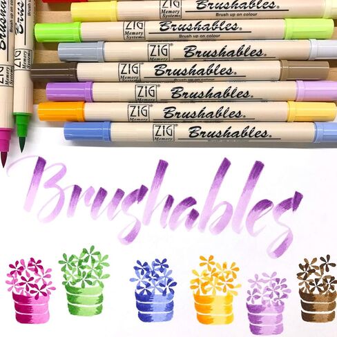 Kuretake Zig BRUSHABLES 6 VIVID Colors set, TWO-TONED pen, Twin brush tips, Waterproof when dry, No mess, Photo-Safe, Acid Free, Lightfast, Odourless, Xylene Freeing, Archival Quality, Made in Japan in Saudi Arabia