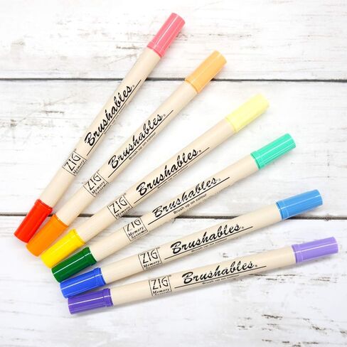 Kuretake Zig BRUSHABLES 6 VIVID Colors set, TWO-TONED pen, Twin brush tips, Waterproof when dry, No mess, Photo-Safe, Acid Free, Lightfast, Odourless, Xylene Freeing, Archival Quality, Made in Japan in Saudi Arabia