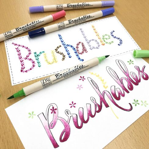 Kuretake Zig BRUSHABLES 6 VIVID Colors set, TWO-TONED pen, Twin brush tips, Waterproof when dry, No mess, Photo-Safe, Acid Free, Lightfast, Odourless, Xylene Freeing, Archival Quality, Made in Japan in Saudi Arabia
