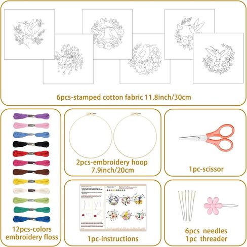 BEUNITONE Hummingbird Embroidery Kit for Adults, 6PC Floral Bird Cross Stitch Set with Colorful Threads, Nature Inspired DIY Artwork, Home Decor Gift for Her in Saudi Arabia