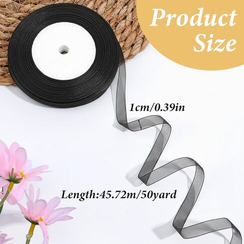 50 Yards Sheer Organza Ribbon, 3/8 Inch Thin Black Chiffon Ribbon Tulle Ribbons for Gift Wrapping Christmas Halloween Wedding Bouquet Crafts Decorations in Kuwait