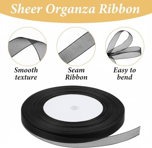 50 Yards Sheer Organza Ribbon, 3/8 Inch Thin Black Chiffon Ribbon Tulle Ribbons for Gift Wrapping Christmas Halloween Wedding Bouquet Crafts Decorations in Kuwait