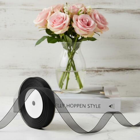 50 Yards Sheer Organza Ribbon, 3/8 Inch Thin Black Chiffon Ribbon Tulle Ribbons for Gift Wrapping Christmas Halloween Wedding Bouquet Crafts Decorations in Kuwait