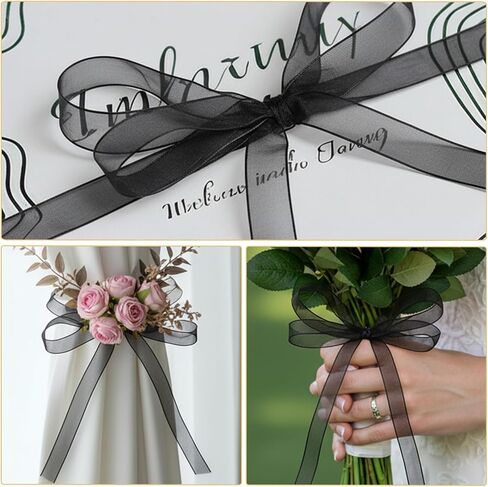 50 Yards Sheer Organza Ribbon, 3/8 Inch Thin Black Chiffon Ribbon Tulle Ribbons for Gift Wrapping Christmas Halloween Wedding Bouquet Crafts Decorations in Kuwait