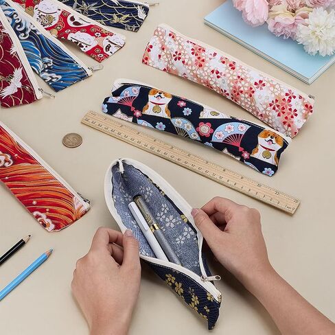 FINGERINSPIRE 8PCS Cloth Fountain Pen Case 2.4x9.9inch 8 Styles Japanese Style Cotton Cloth Zipper Bags Portable Cloth Birds Wave Flower Pattern Bag with Zipper for Pen Storage Organization in Saudi Arabia