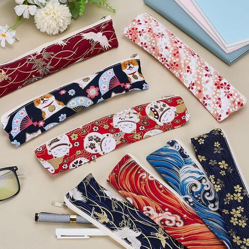 FINGERINSPIRE 8PCS Cloth Fountain Pen Case 2.4x9.9inch 8 Styles Japanese Style Cotton Cloth Zipper Bags Portable Cloth Birds Wave Flower Pattern Bag with Zipper for Pen Storage Organization in Saudi Arabia