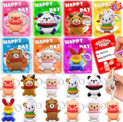 28 Pack Prefilled Valentines Day Gifts for Kids, 7 Styles Animal Keychains Toys with Valentines Day Card for Kids Teens Adults School Classroom Exchange Gift, Party Favors Supplies,Classroom Prizes in Saudi Arabia