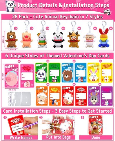 28 Pack Prefilled Valentines Day Gifts for Kids, 7 Styles Animal Keychains Toys with Valentines Day Card for Kids Teens Adults School Classroom Exchange Gift, Party Favors Supplies,Classroom Prizes in Saudi Arabia