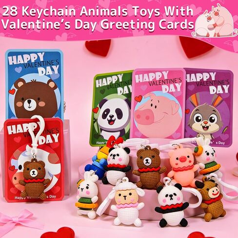 28 Pack Prefilled Valentines Day Gifts for Kids, 7 Styles Animal Keychains Toys with Valentines Day Card for Kids Teens Adults School Classroom Exchange Gift, Party Favors Supplies,Classroom Prizes in Saudi Arabia