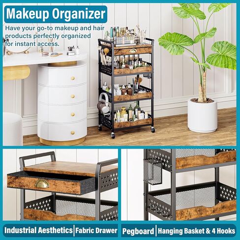 Rolling Cart Organizer with Removable Drawer, 4-Tier Makeup Organizer, Art and Craft Cart, Nail Storage, Metal Utility Cart with Wheels for Coffee Supplies, Snacks, Baby Essentials in Saudi Arabia