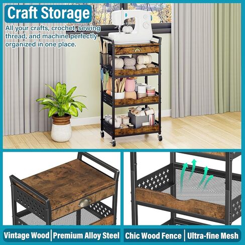 Rolling Cart Organizer with Removable Drawer, 4-Tier Makeup Organizer, Art and Craft Cart, Nail Storage, Metal Utility Cart with Wheels for Coffee Supplies, Snacks, Baby Essentials in Saudi Arabia