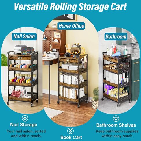 Rolling Cart Organizer with Removable Drawer, 4-Tier Makeup Organizer, Art and Craft Cart, Nail Storage, Metal Utility Cart with Wheels for Coffee Supplies, Snacks, Baby Essentials in Saudi Arabia