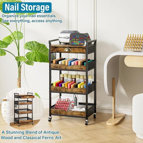 Rolling Cart Organizer with Removable Drawer, 4-Tier Makeup Organizer, Art and Craft Cart, Nail Storage, Metal Utility Cart with Wheels for Coffee Supplies, Snacks, Baby Essentials in Saudi Arabia