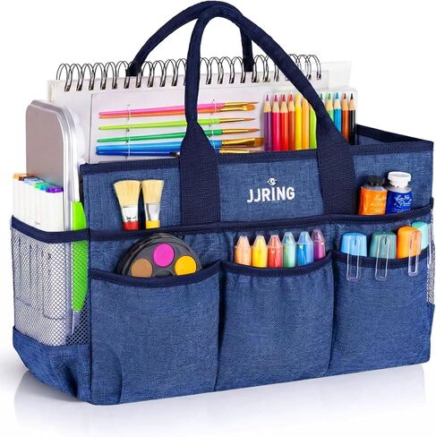 JJRING Large Art Supply Storage Tote Bag with 2 Mesh Side Pockets & Front Elastic Pockets – Sturdy Craft Organizer Caddy with Reinforced Bottom for Sewing, Scrapbooking, Teachers & Artists(Grey) | Breathable Material, Foldable in Saudi Arabia