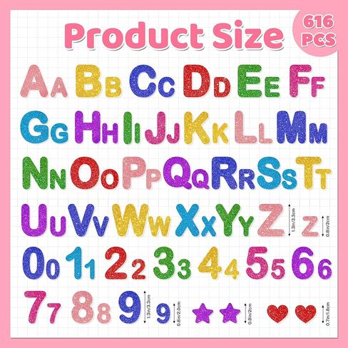616 قطعة من ملصقات الحروف، ملصقات إسفنجية لامعة، رقم أبجدي 1 بوصة، ملصق حروف ABC على شكل قلب نجمة إسفنجية ذاتية اللصق للأطفال DIY أعمال فنية يدوية، مستلزمات سجل القصاصات، مشروع المدرسة، ديكور الفصل الدراسي، 8 ألوان in Kuwait