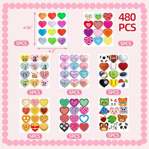 شجرة سيبا 40 ورقة ملصقات على شكل قلب لعيد الحب، 480 قطعة، ملصقات متنوعة على شكل قلوب للأطفال، ديكورات عيد الحب السعيد، لوازم مكافآت الفصول الدراسية in Kuwait