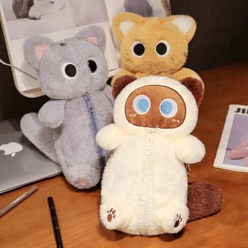ZQW Cute Kawaii Y2K Plush Furry Cat Kitten Pencil Case Pouch Makeup Bag - Plush Doll Organizer for Cosmetics and Accessories (White) in Saudi Arabia