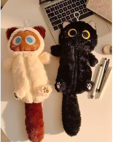 ZQW Cute Kawaii Y2K Plush Furry Cat Kitten Pencil Case Pouch Makeup Bag - Plush Doll Organizer for Cosmetics and Accessories (White) in Saudi Arabia