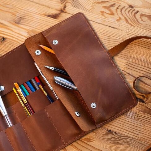 Handmade Artist Pencil Case for Adults Women, Leather Pencil Roll, Artist Gifts, Pencil Wrap Roll Up Case, Leather Paint Brush Case, Warm Brown in Saudi Arabia