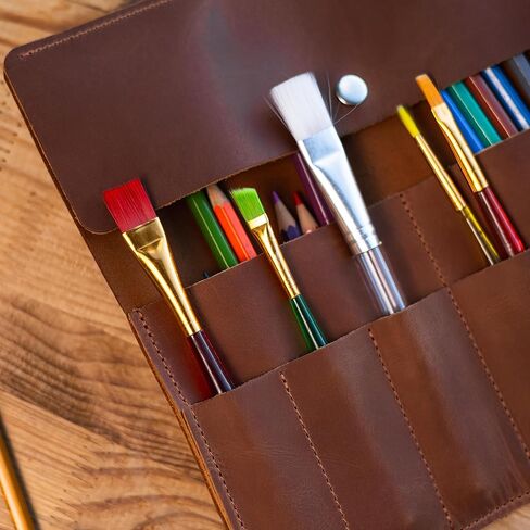 Handmade Artist Pencil Case for Adults Women, Leather Pencil Roll, Artist Gifts, Pencil Wrap Roll Up Case, Leather Paint Brush Case, Warm Brown in Saudi Arabia