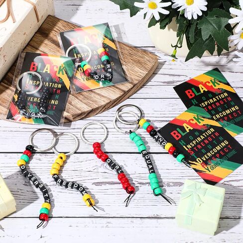 Landical 20 Set Black History Month Bead Keychain Making Kit Reggae Jamaican Rasta DIY Keychain Supplies Dream Freedom Kit with Colorful Beads Gifts Cards African American Party Favors Decoration in Saudi Arabia