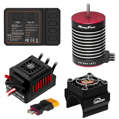 محرك بدون فرشاة F540 9T 4370KV من Hobby Fans، عمود 3.175 مم مع وحدة تحكم في السرعة الكهربائية ESC بدون فرش 60 أمبير مع مبدد حراري وبطاقة برمجة لشاحنة سيارة بجهاز تحكم عن بعد 1/10، أسود وأحمر in Kuwait